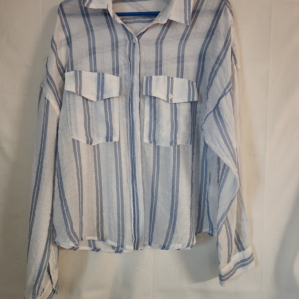 Ellison Sz L sheer blue striped button up shirt